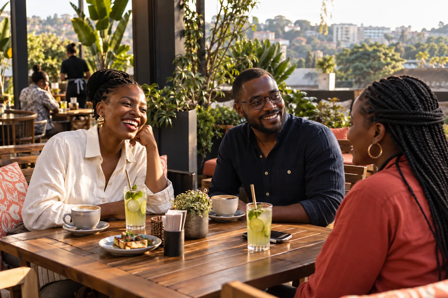 Illustration of friends enjoying coffee and conversation at a leafy café